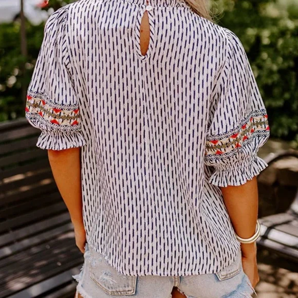 THML Boho Navy & White with embroidery on sleeve Women’s Blouse - Picture 2 of 7